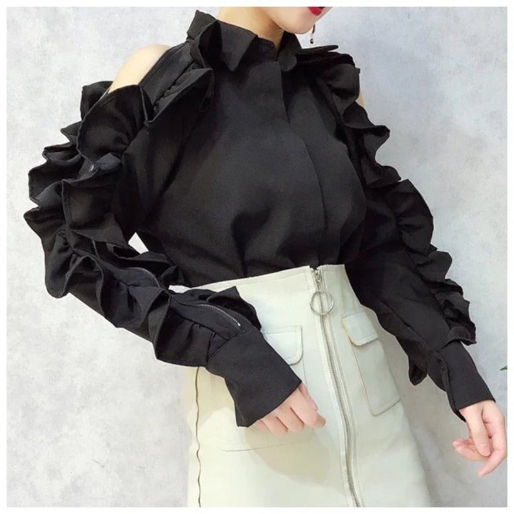 Dramatic Black Zip Ruffle Sleeve Top Size Small Medium - Picture 4 of 7